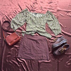 Green floral tie front crop top